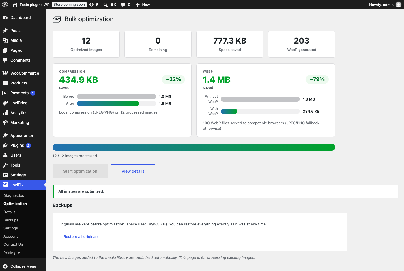 Bulk optimization with progress, space saved and WebP files created.