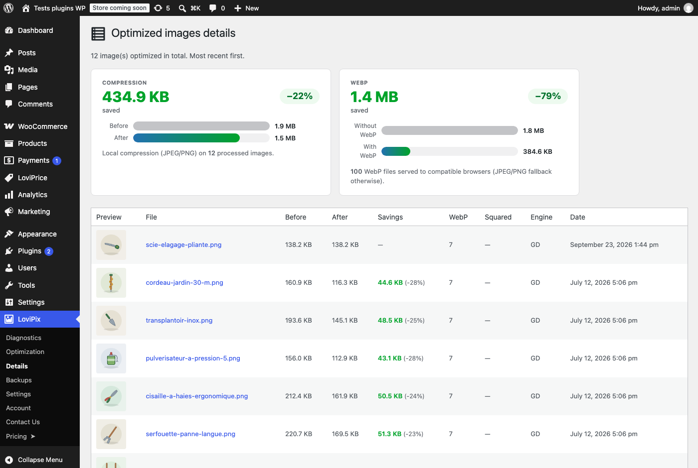 Detailed log: size before and after, WebP and engine used for each image.