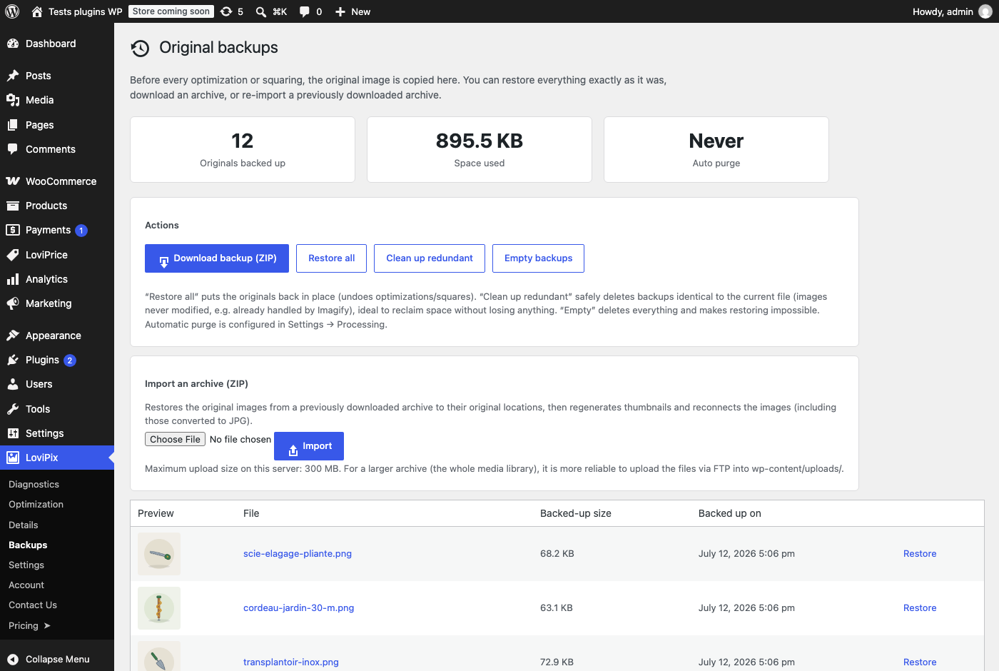 Backups: restore, export, import or purge the originals.