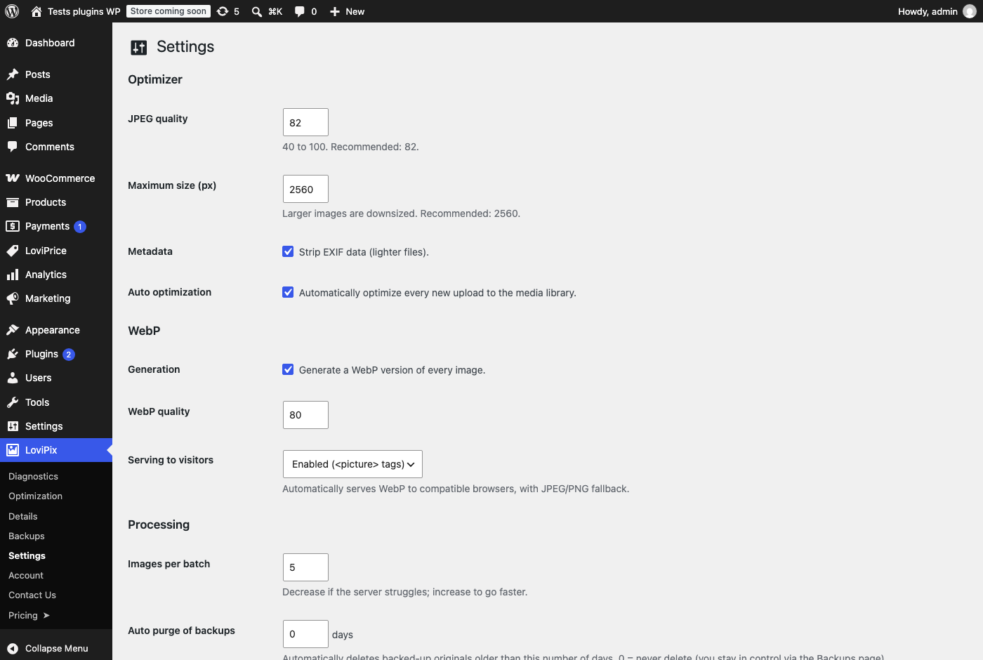 Settings: compression quality, WebP, maximum size and batch size.