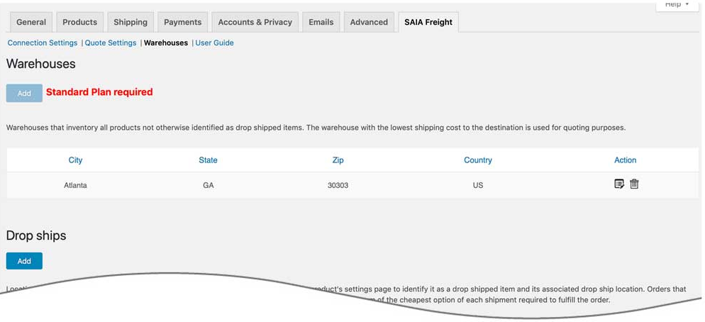 Warehouses and Drop Ships page