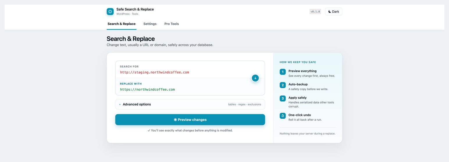 The search and replace form, with the safety steps alongside it.