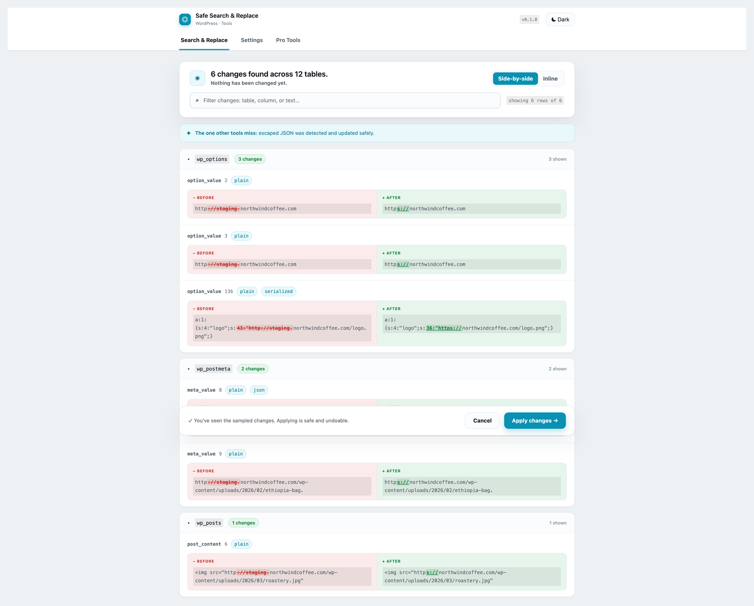 The visual diff preview, grouped by table, showing exactly what changes.