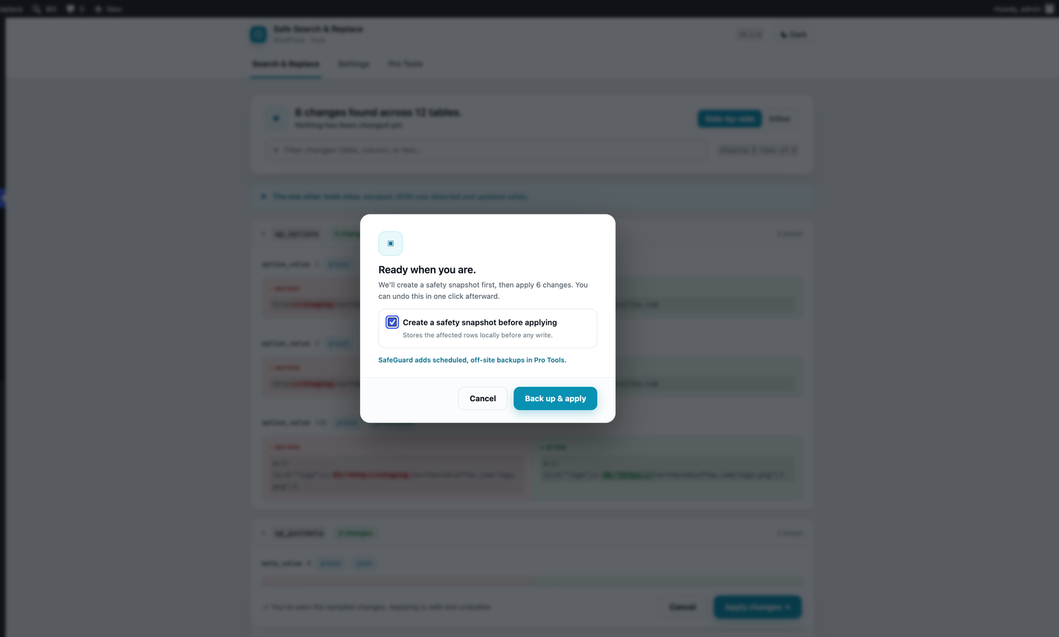 The confirmation step, where you can enable a safety snapshot before applying.