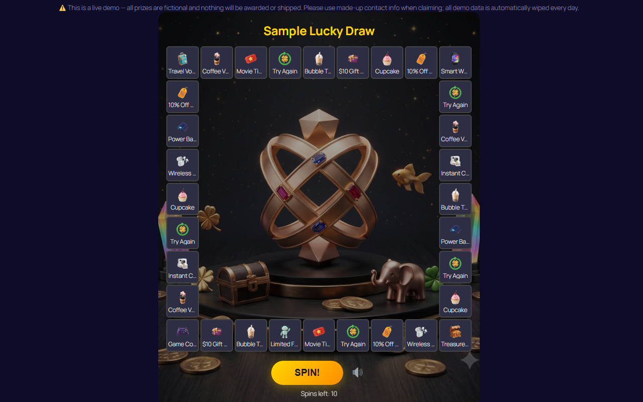 The arcade chase-light board on the frontend — prizes, images and the SPIN button.