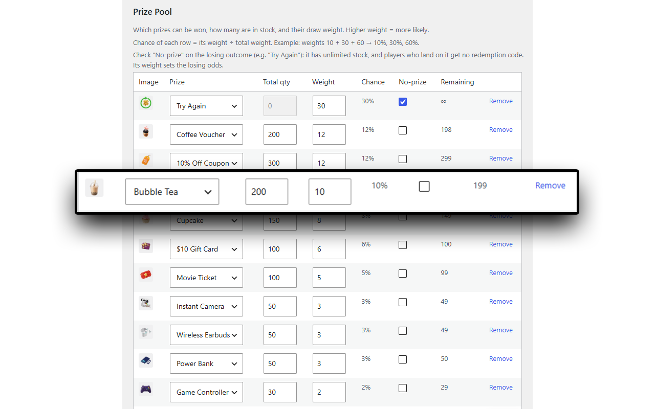 Prize pool editor with live winning-odds preview.