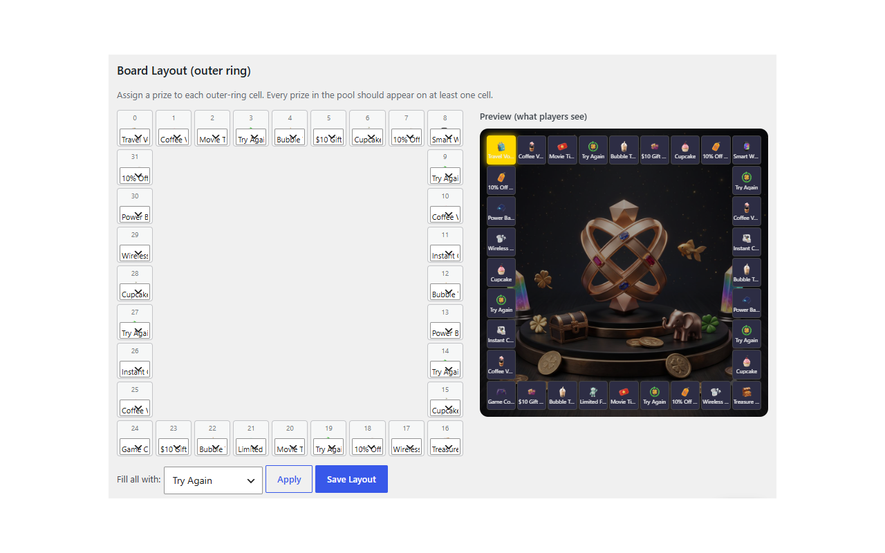 Visual board layout editor with live preview of what players see.
