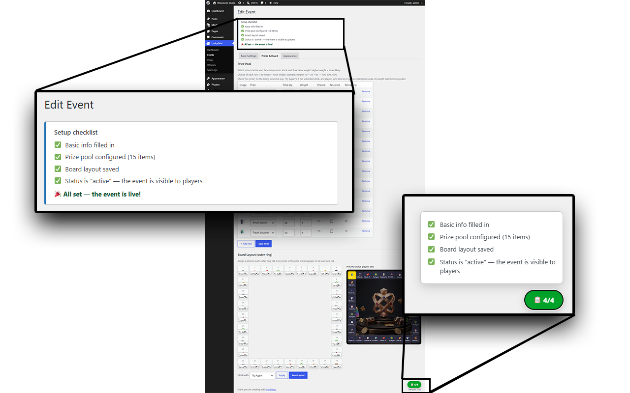 Event editor with setup checklist and tabbed settings.