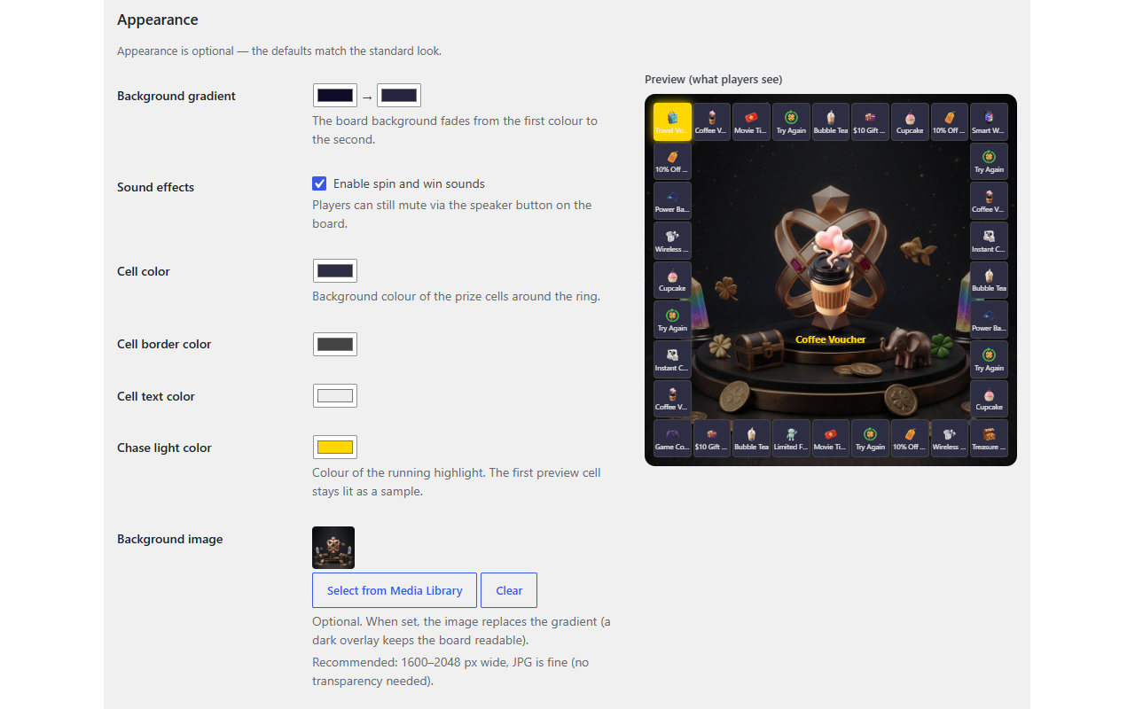Appearance settings with live board preview.