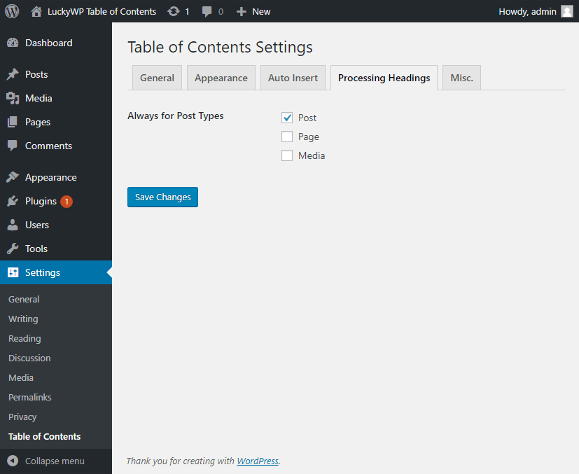 Processing Headings Settings