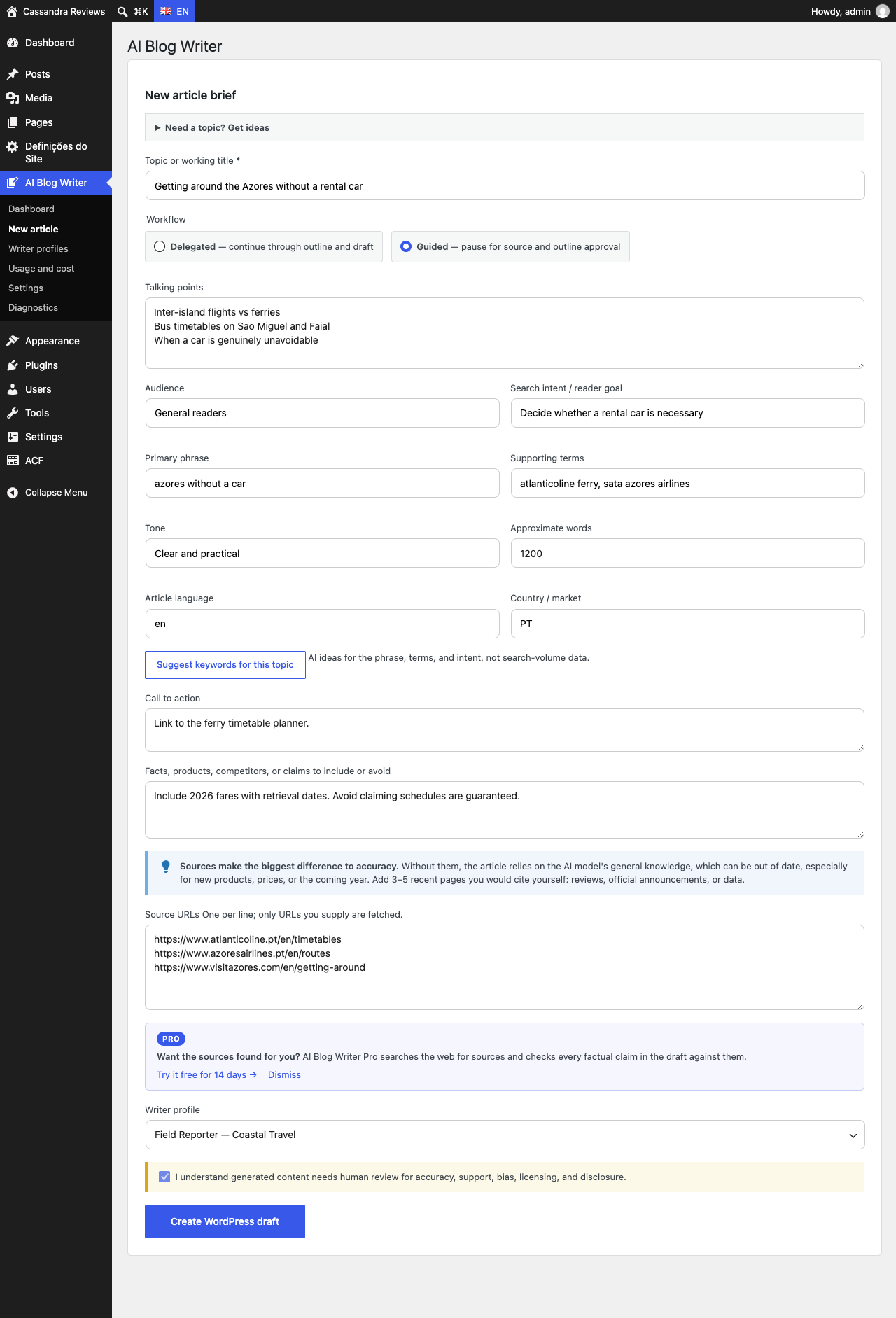 New article brief: topic ideas, workflow, audience and SEO fields with keyword suggestions, source URLs, and writer profile.