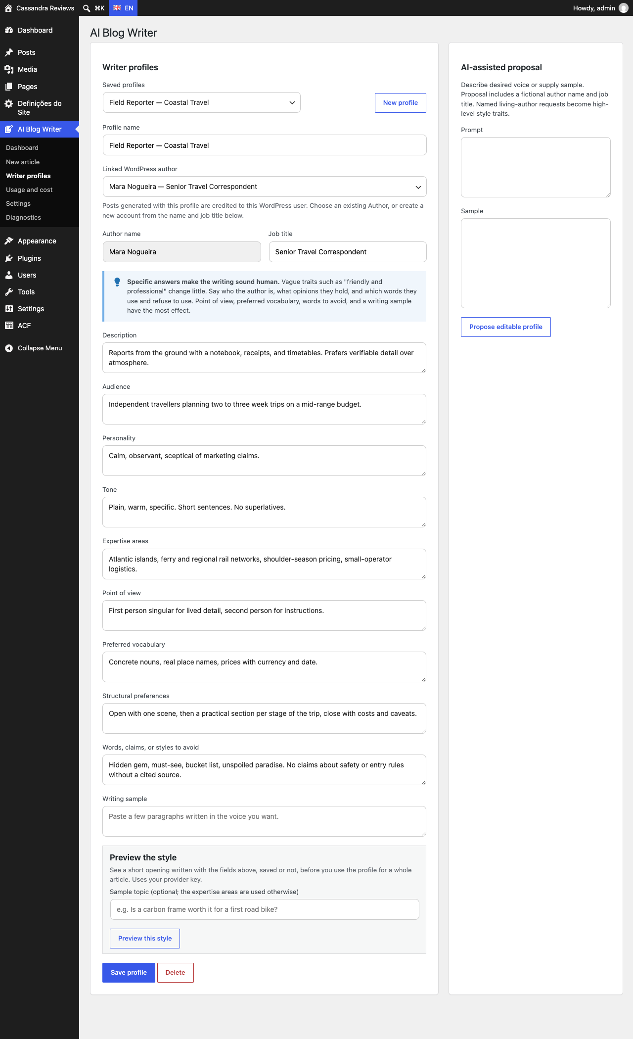 Writer profiles with linked WordPress authors and AI-assisted proposals.