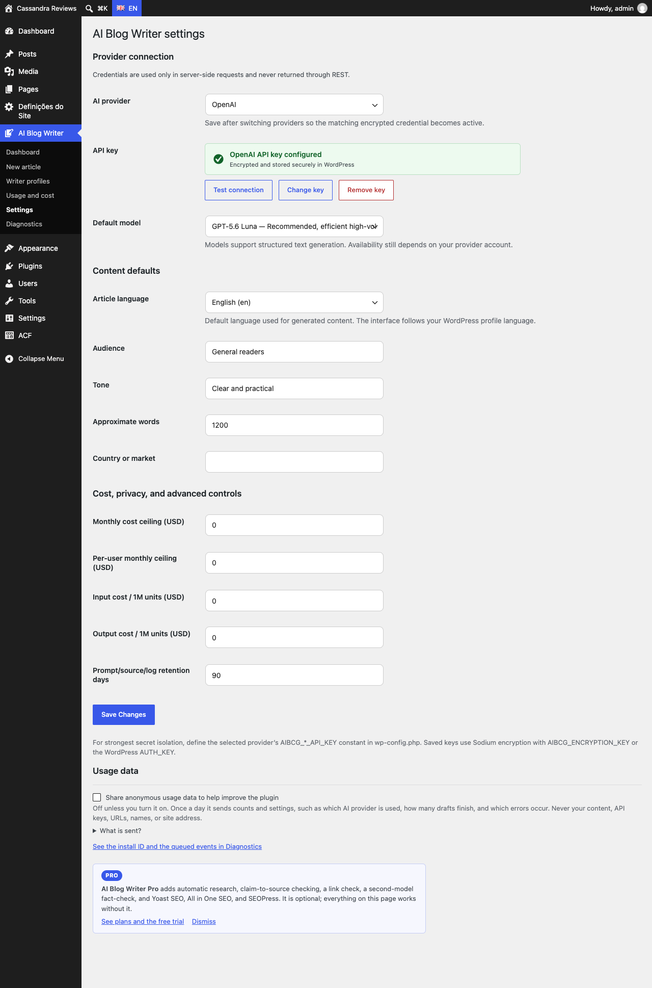 Settings: provider, model, API key and connection test, defaults, cost ceilings, and retention.