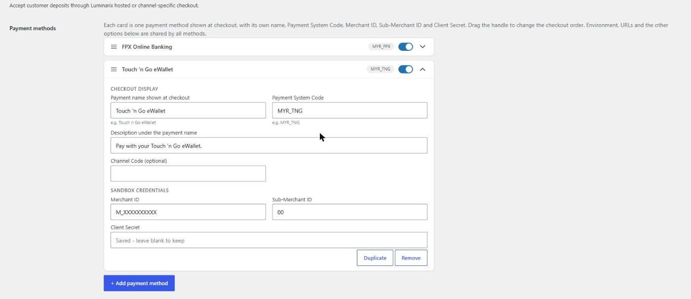 Payment methods under WooCommerce > Settings > Payments > Luminarix Payment: add as many methods as you need, each with its own name, Payment System Code and credentials; drag to reorder.