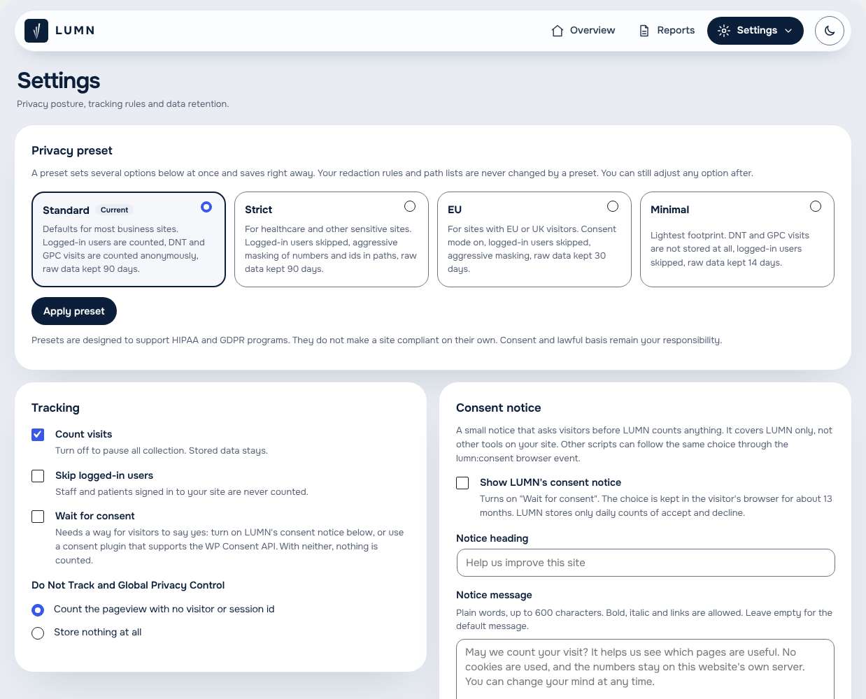 Settings: pick a privacy preset, then fine-tune tracking and the optional consent notice.