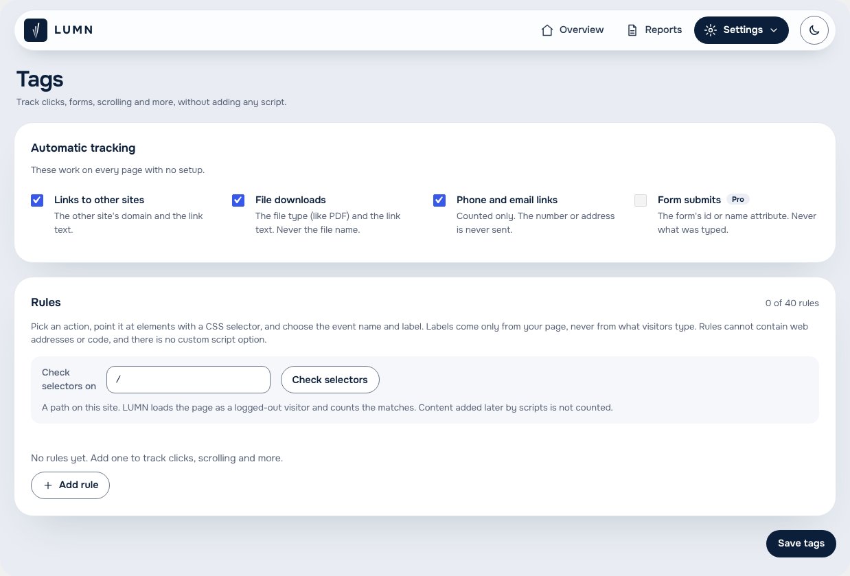 Tags: count link clicks, file downloads and more without adding any script.
