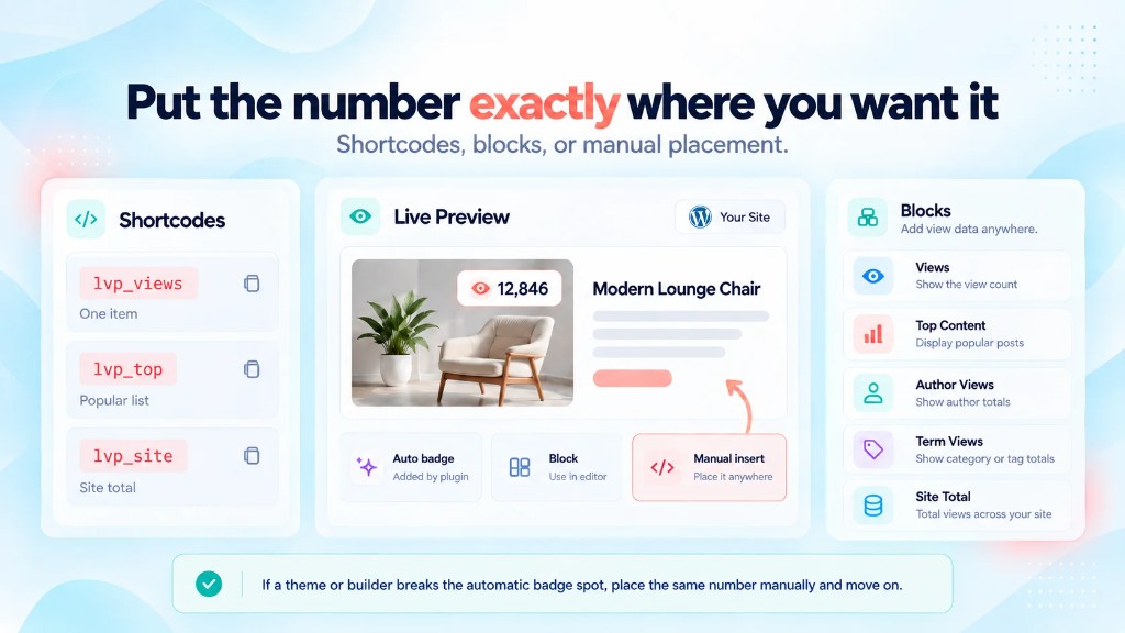 Shortcodes, blocks, or manual placement for the same number.