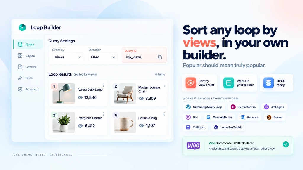 Sort any loop by views in Gutenberg, Elementor Pro, JetEngine and other builders.