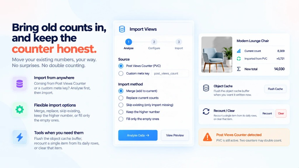 Import from Post Views Counter or custom meta — analyse first, then merge or replace.