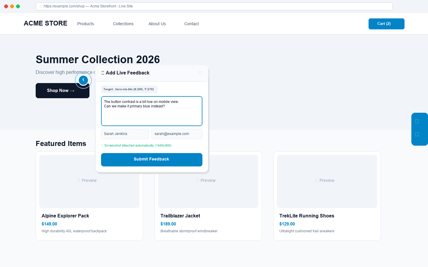 Frontend feedback overlay with visual pinpointing