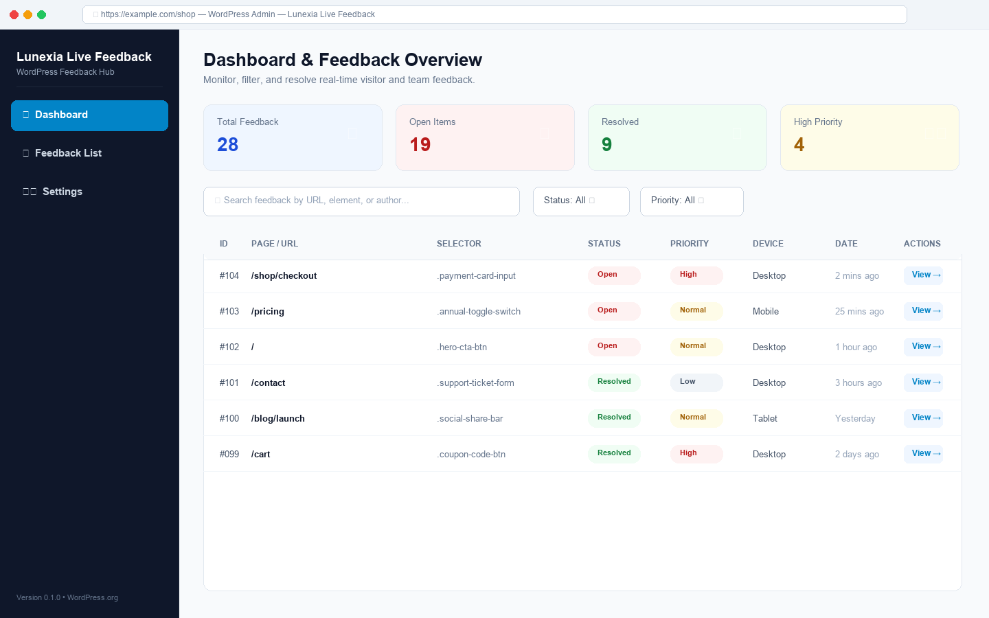 Admin review panel showing feedback list