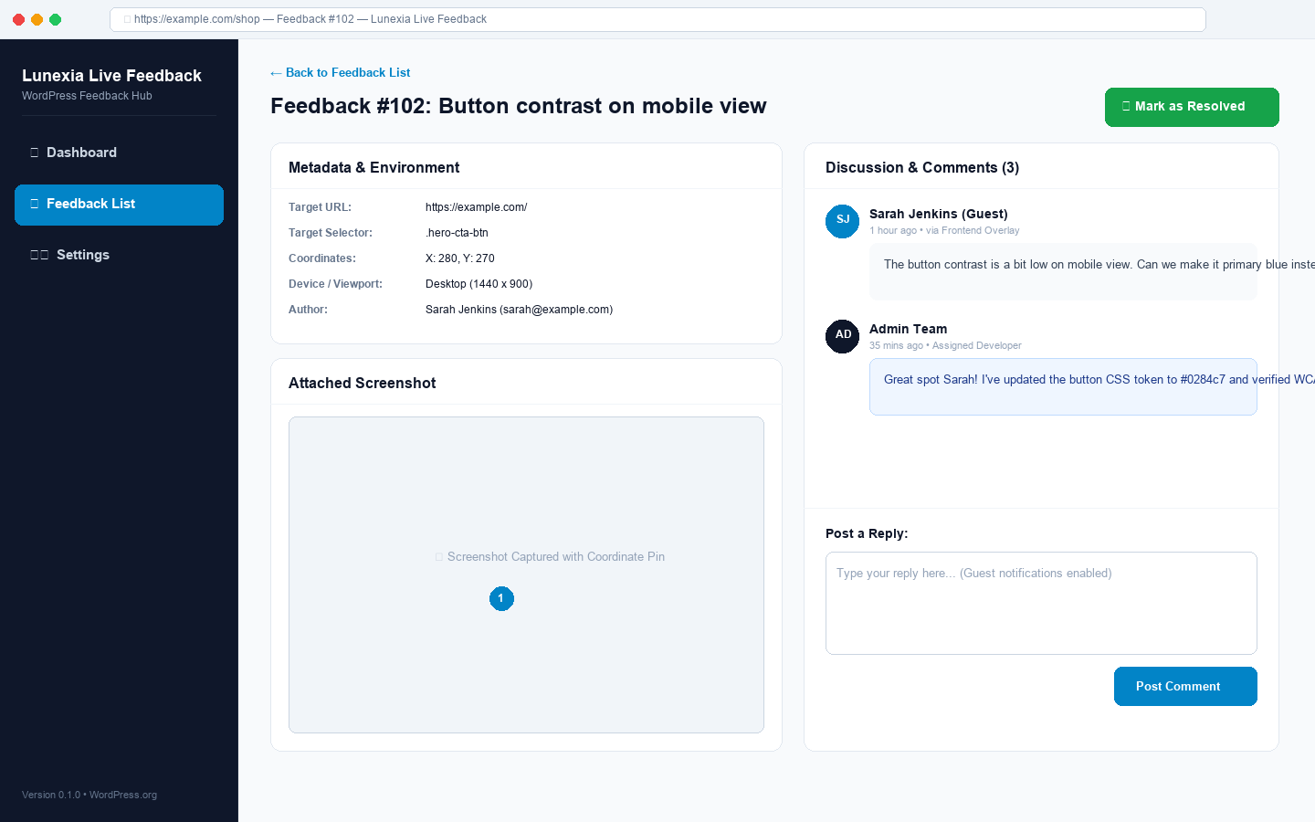 Detailed feedback view with comments and metadata