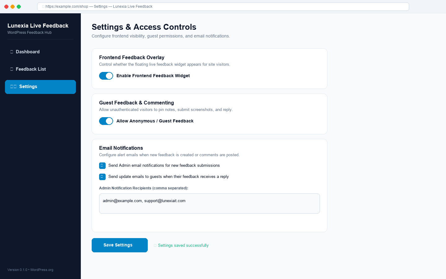 Plugin settings page