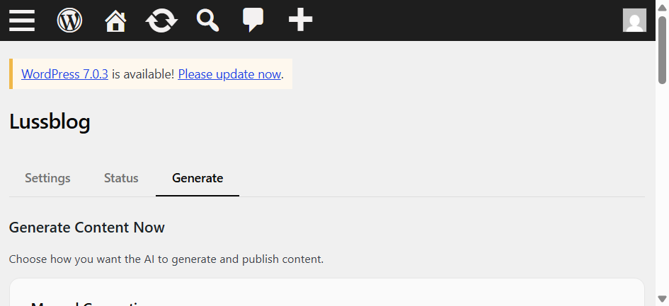 Generate page — Manually trigger content generation with one click