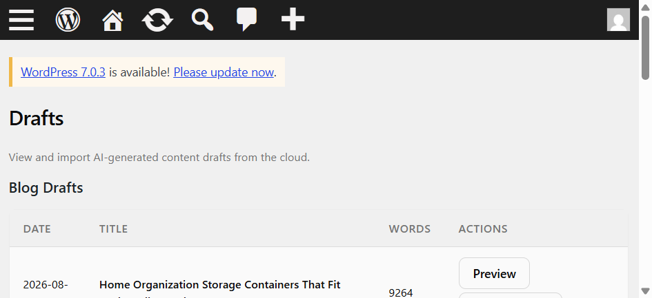Drafts page — Preview and import AI-generated blog posts