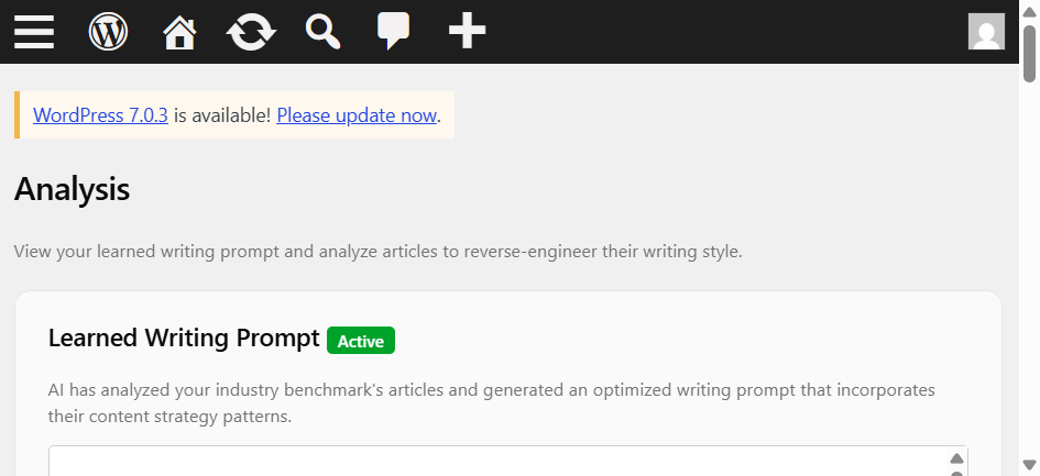 Analysis page — View the learned writing prompt and analyze articles to reverse-engineer their writing style