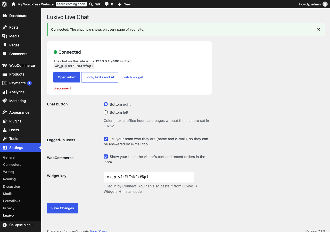 Settings → Luxivo: connect in one click.