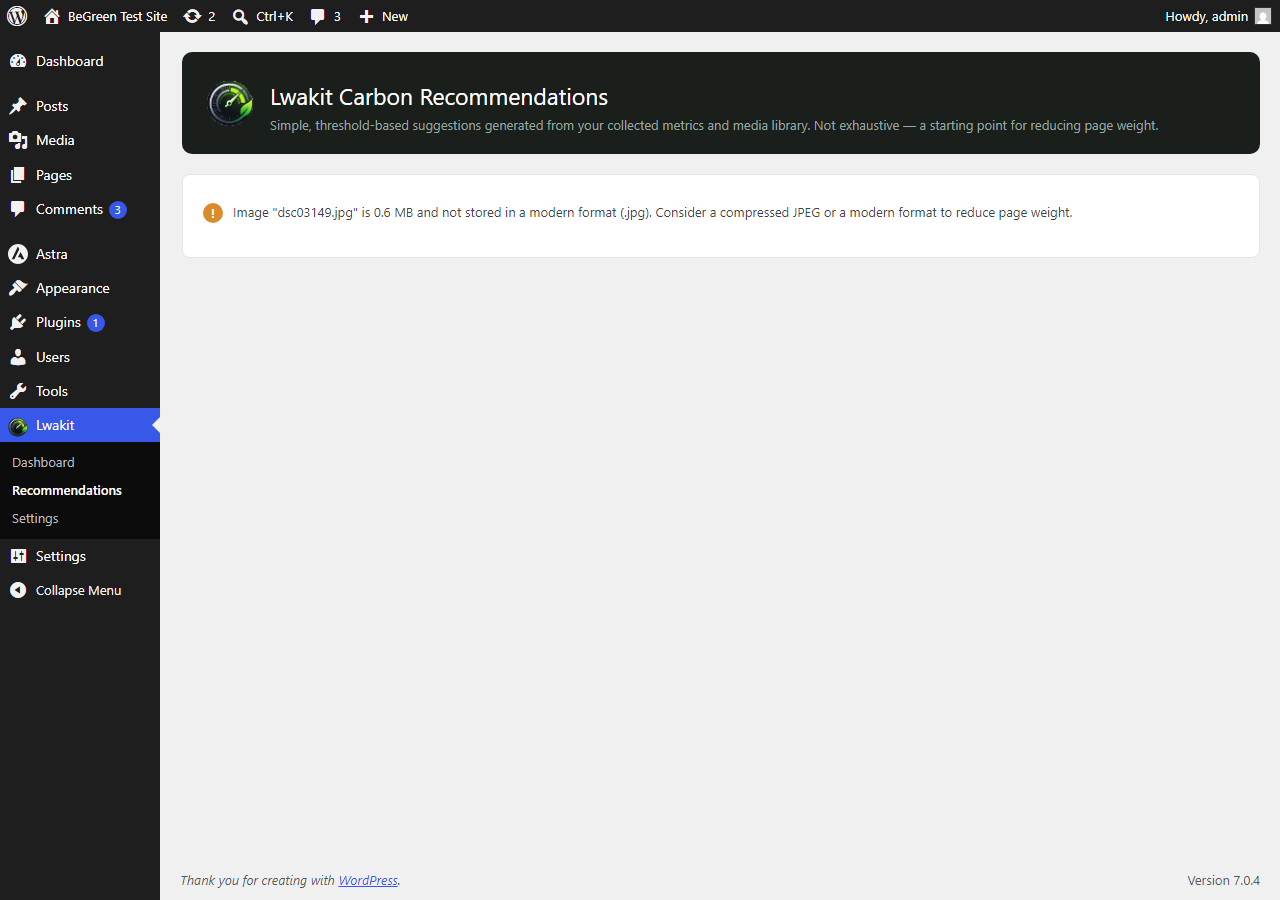 Recommendations page listing actionable, threshold-based alerts.