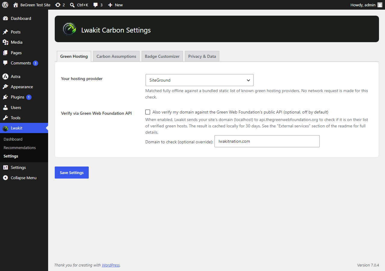 Settings page — Green Hosting tab with the offline provider dropdown.