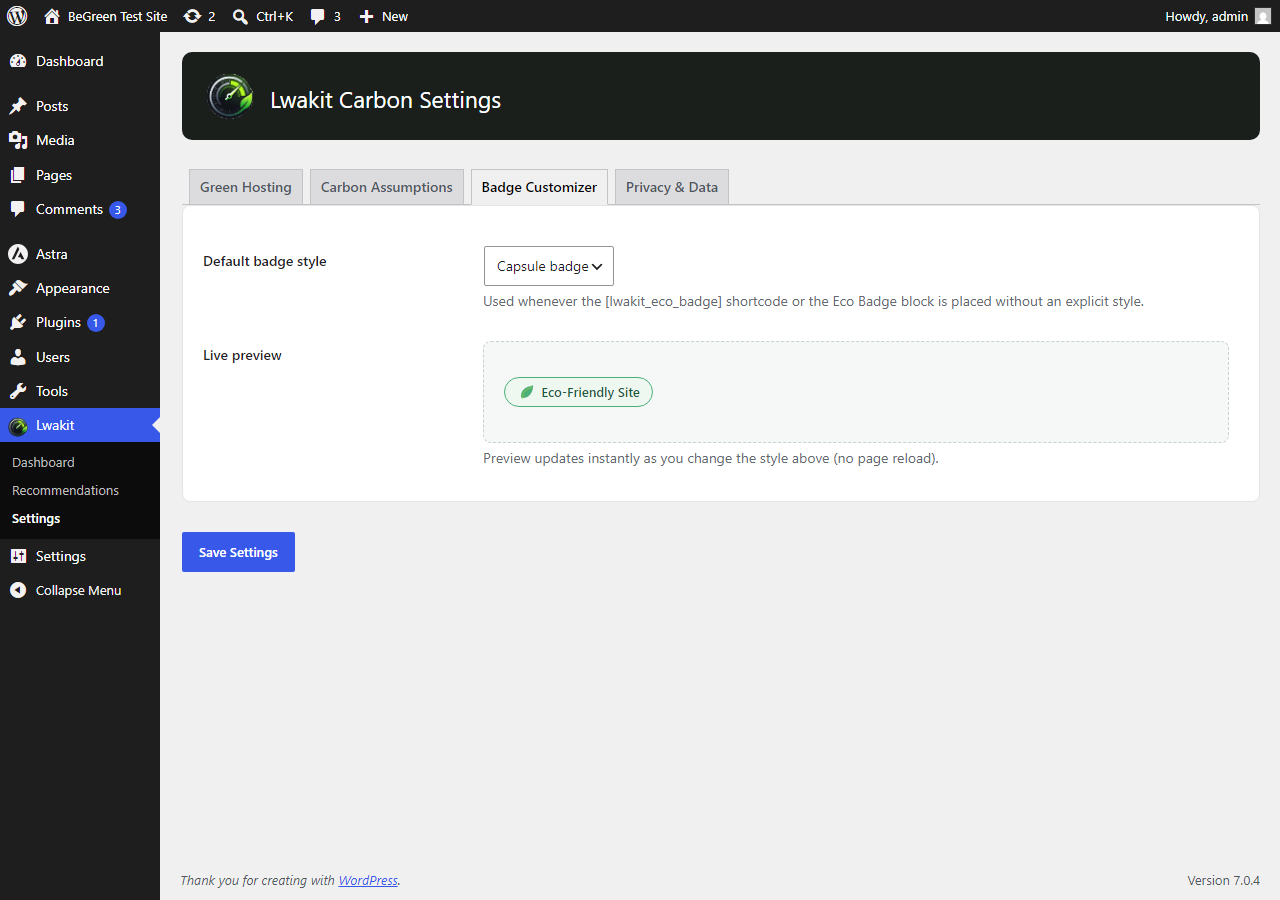 Settings page — Badge Customizer tab with live preview.