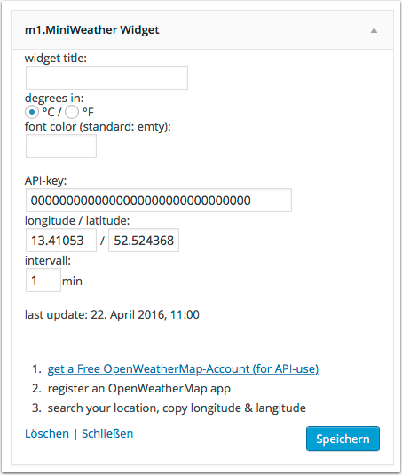 WordPress backend, Widget m1.MiniWeather