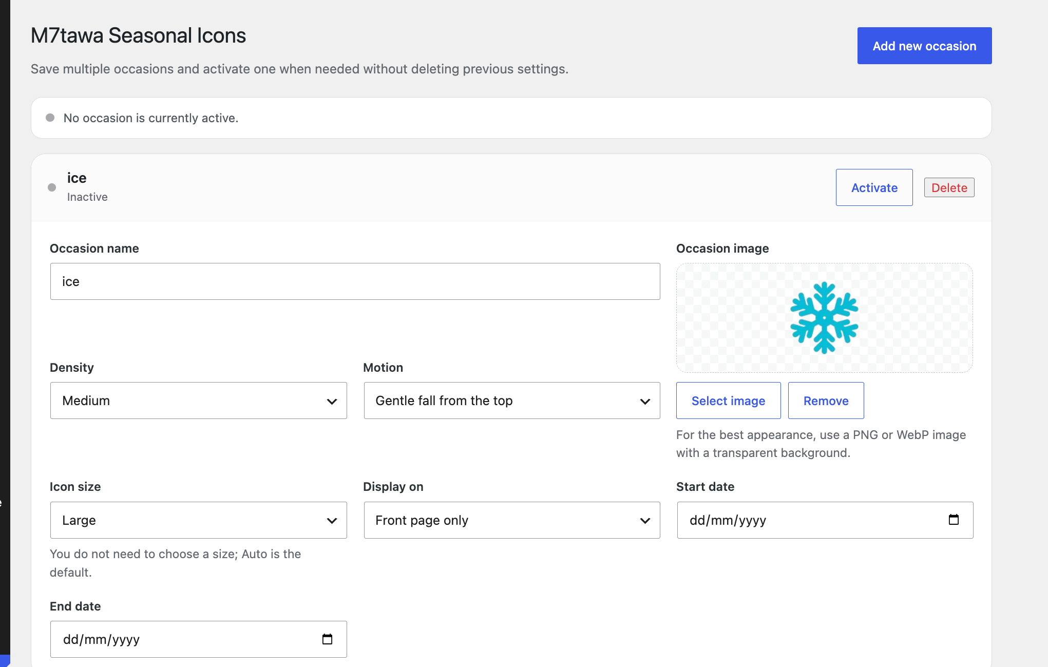 Seasonal Icons settings page with saved occasions and activation controls.