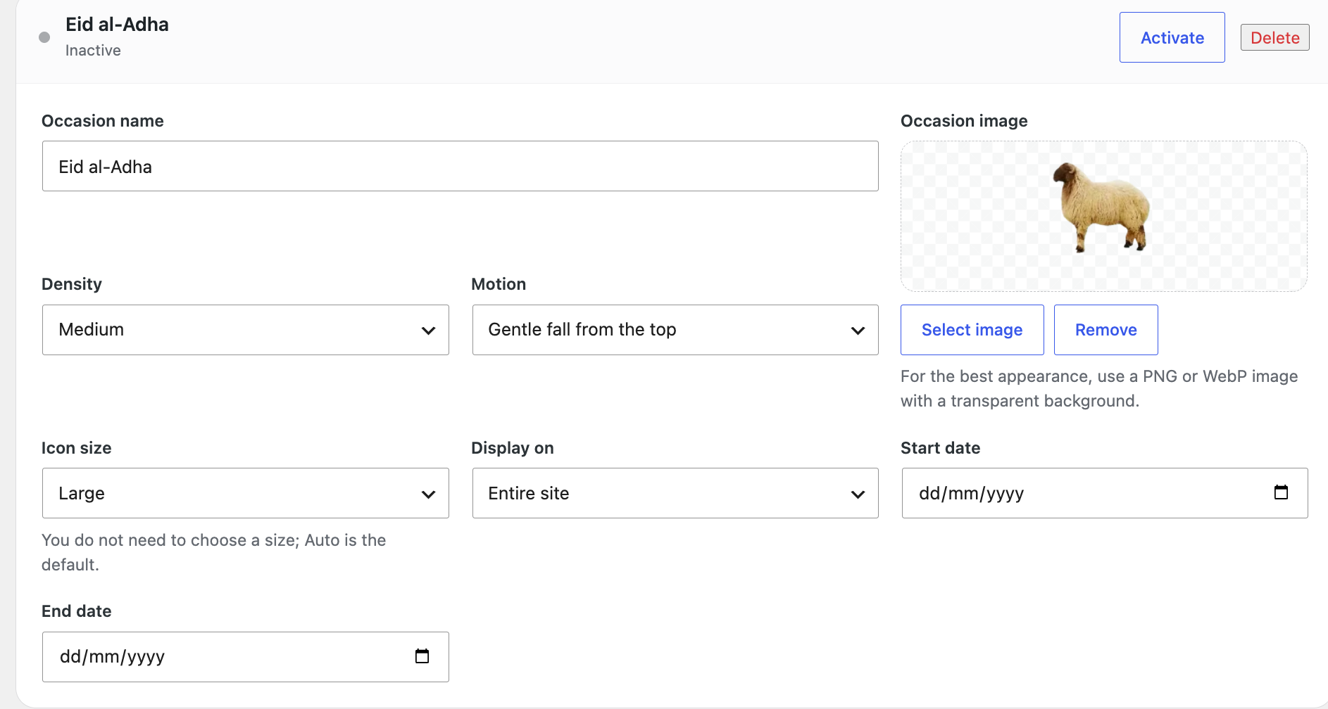 Occasion settings including image, density, movement, icon size, display scope, and optional dates.