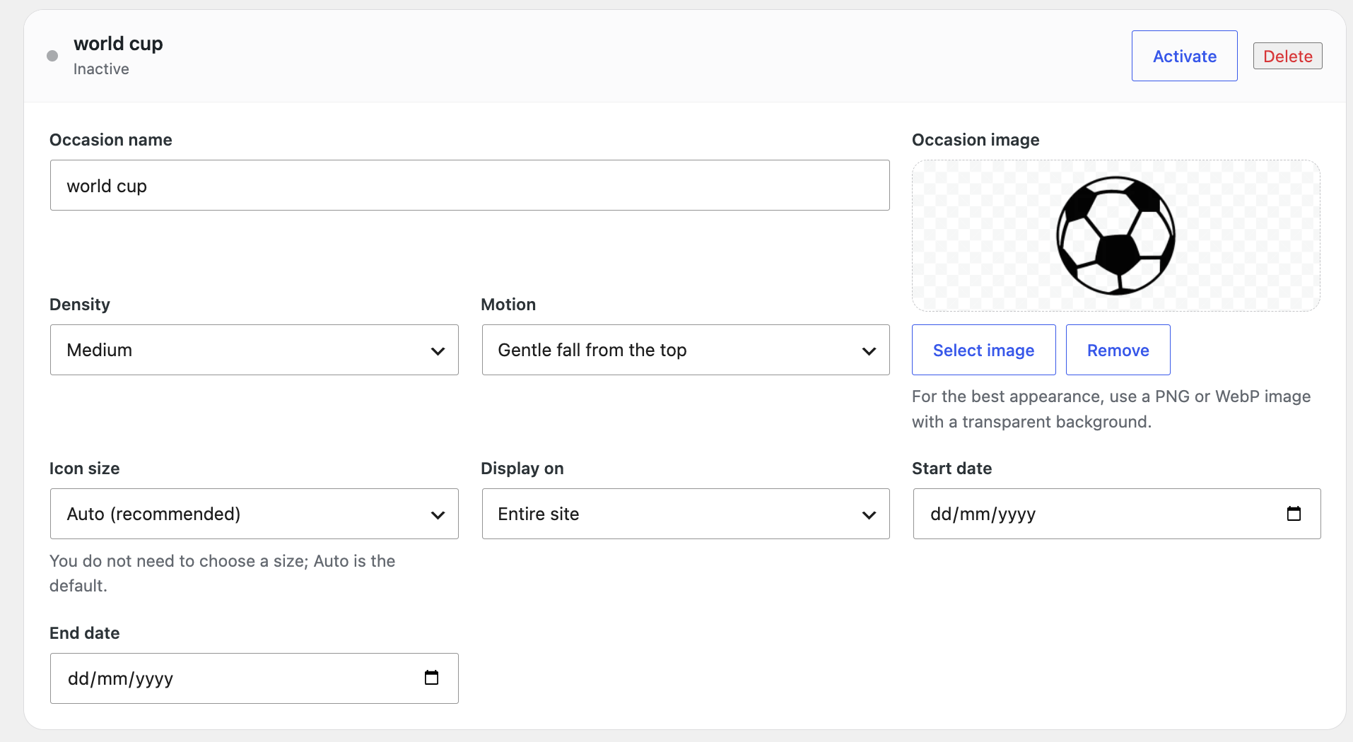 Seasonal icons displayed on the front end using the selected occasion image.