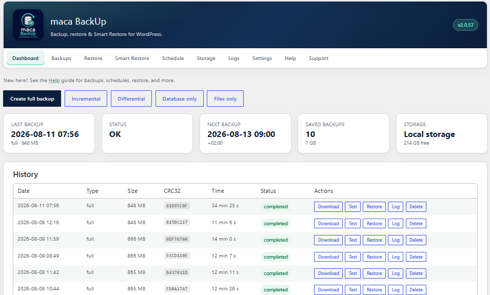 Dashboard — run full, incremental, and other backups and see history