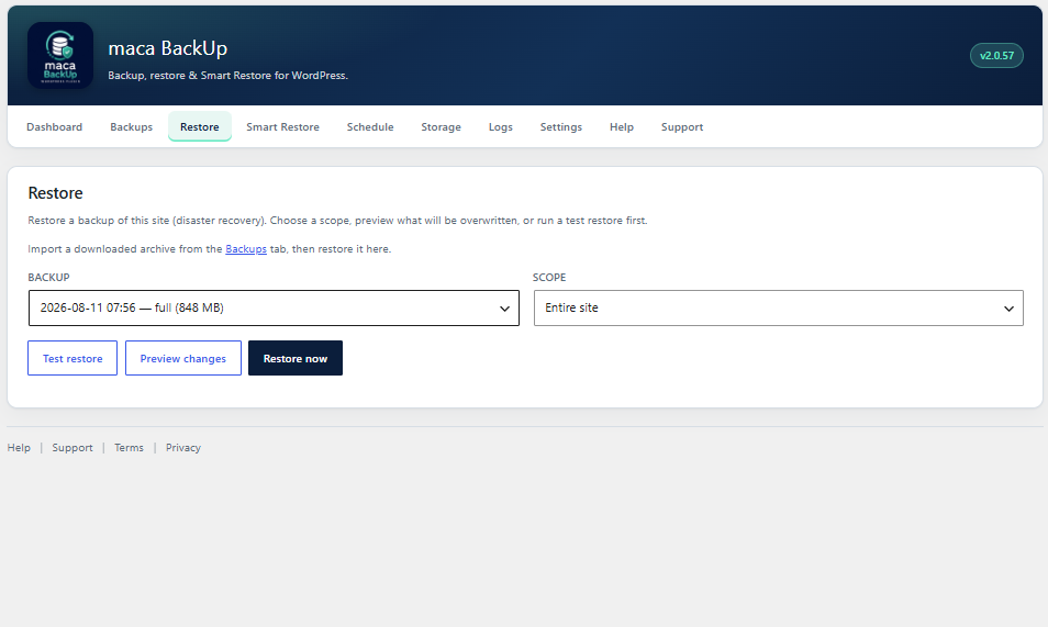 Restore — entire site, database, or selected paths