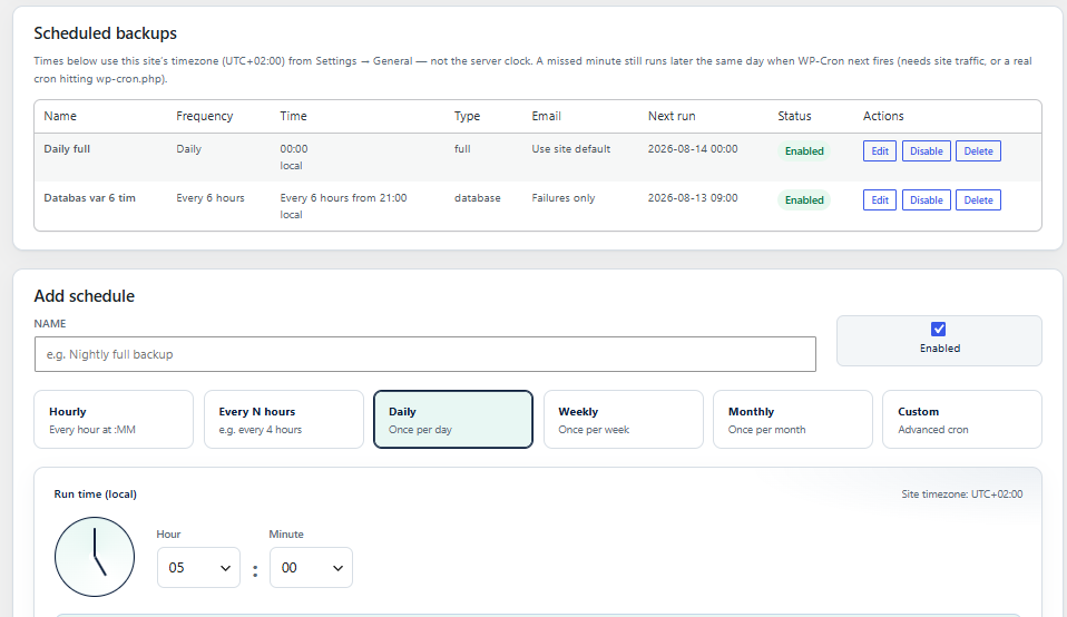 Schedule — automatic backups in the site timezone
