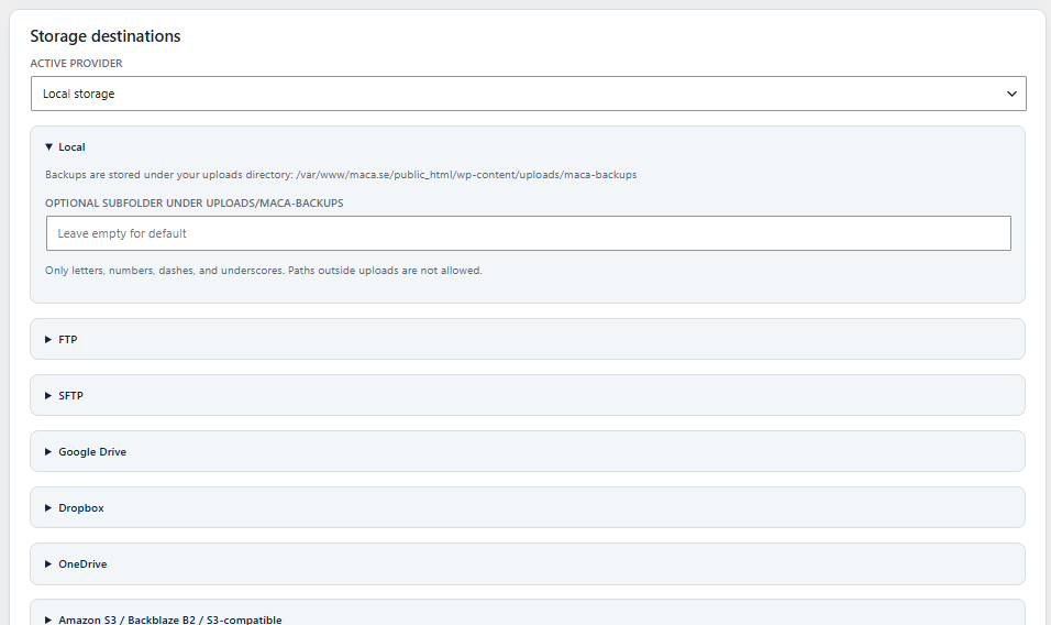 Storage — local, FTP/SFTP, Google Drive, Dropbox, OneDrive, S3