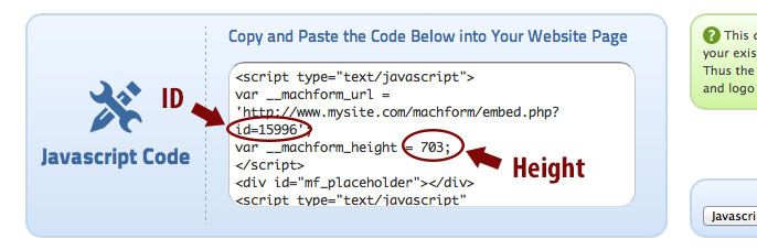 MachForm embed example, where to get the ID and height.