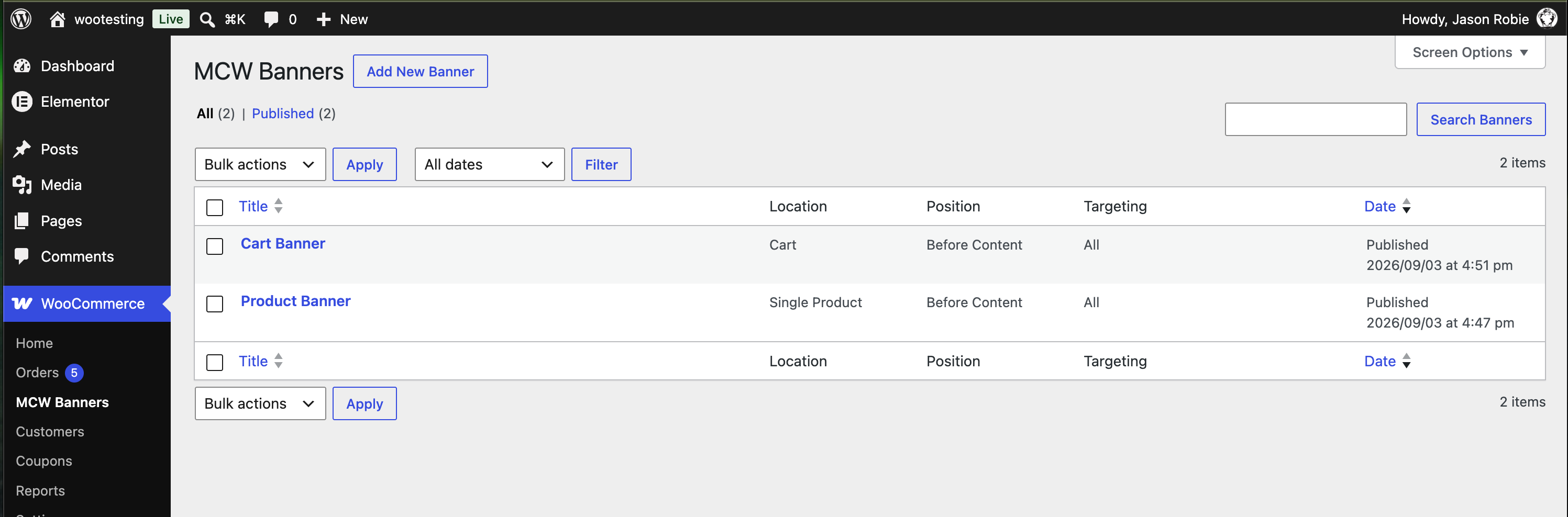 All banners at a glance, with each one's location, position and targeting.