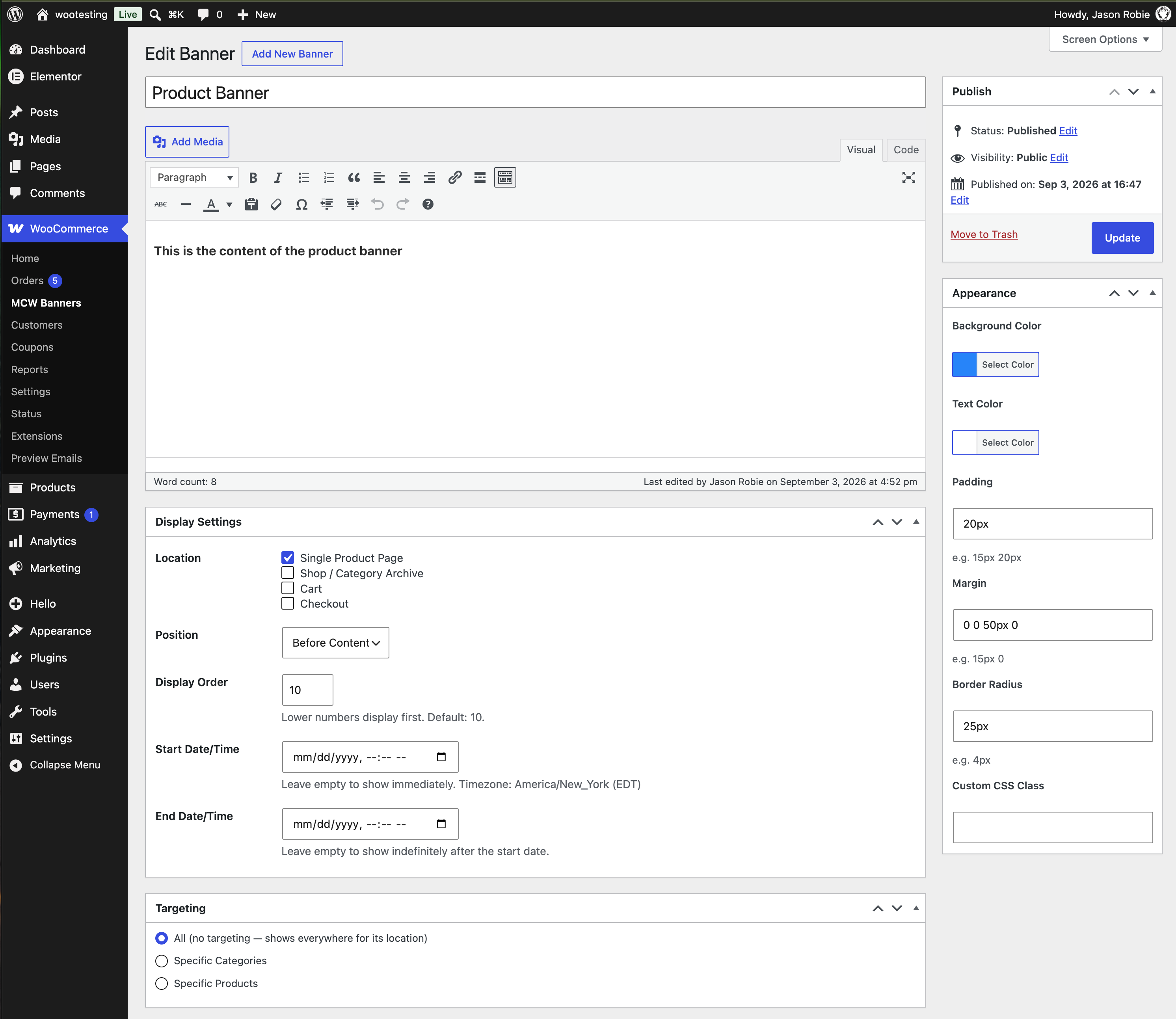Editing a product page banner: content, display locations, position, order, scheduling, targeting and appearance.