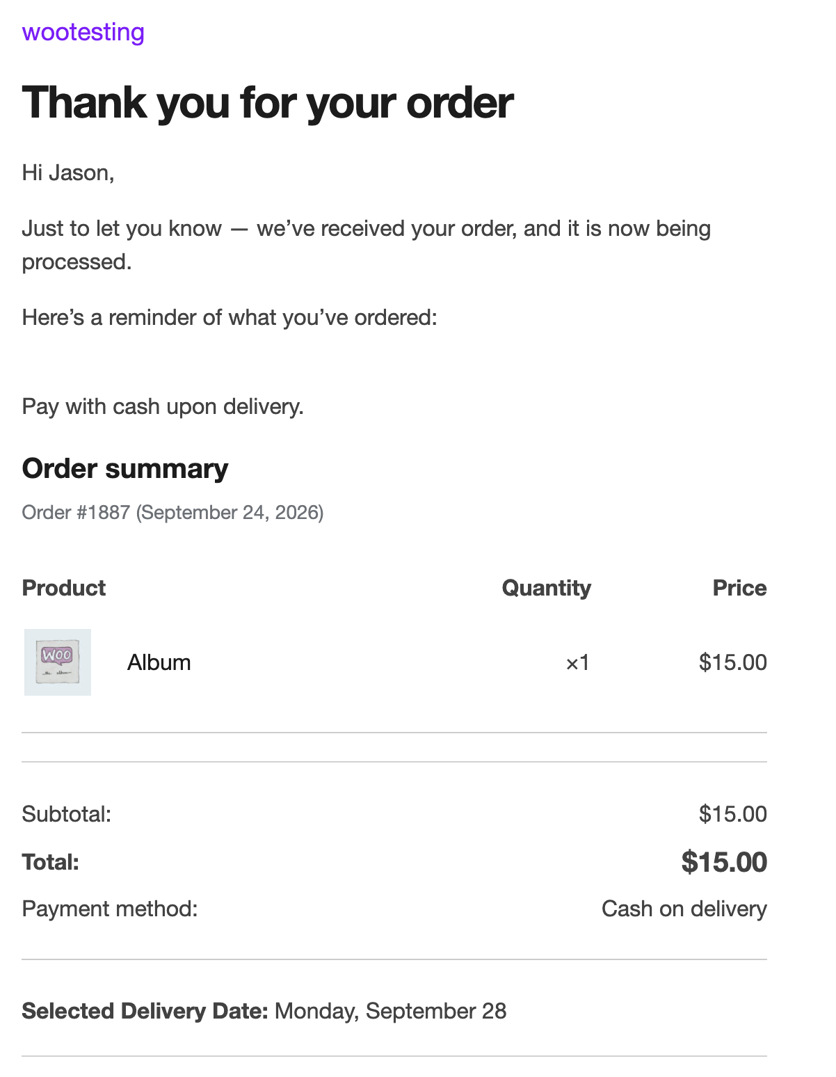 The customer's order email, showing the saved answer alongside the order summary.