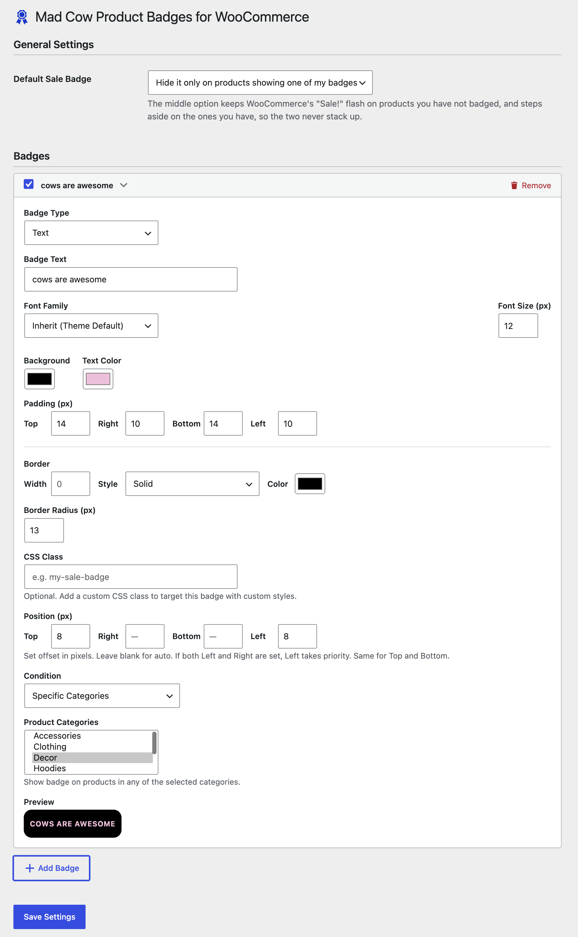 The settings screen, with the default sale badge option and a text badge configured.