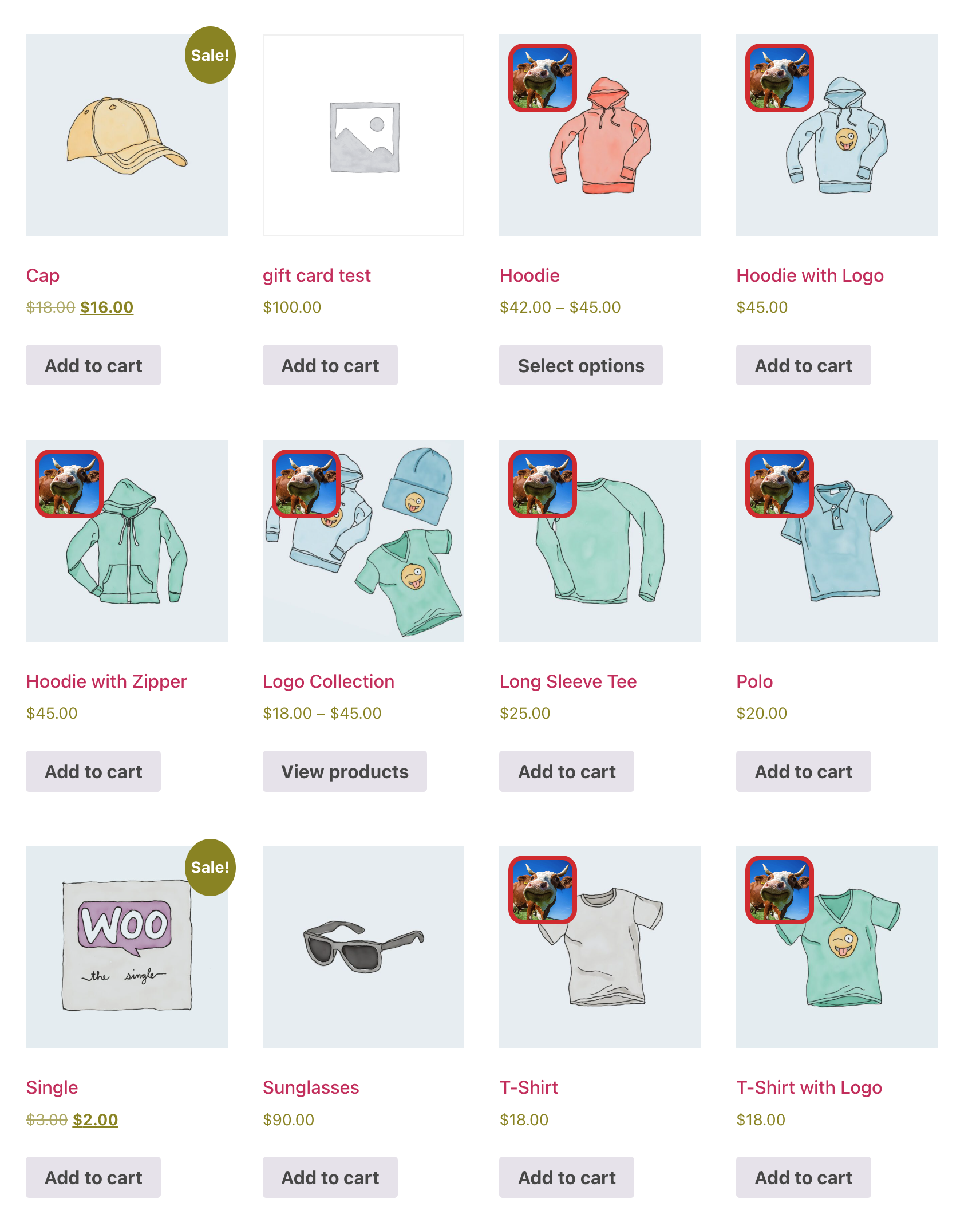 Badges in the shop loop. WooCommerce's own "Sale!" flash still shows on sale products that are not badged.