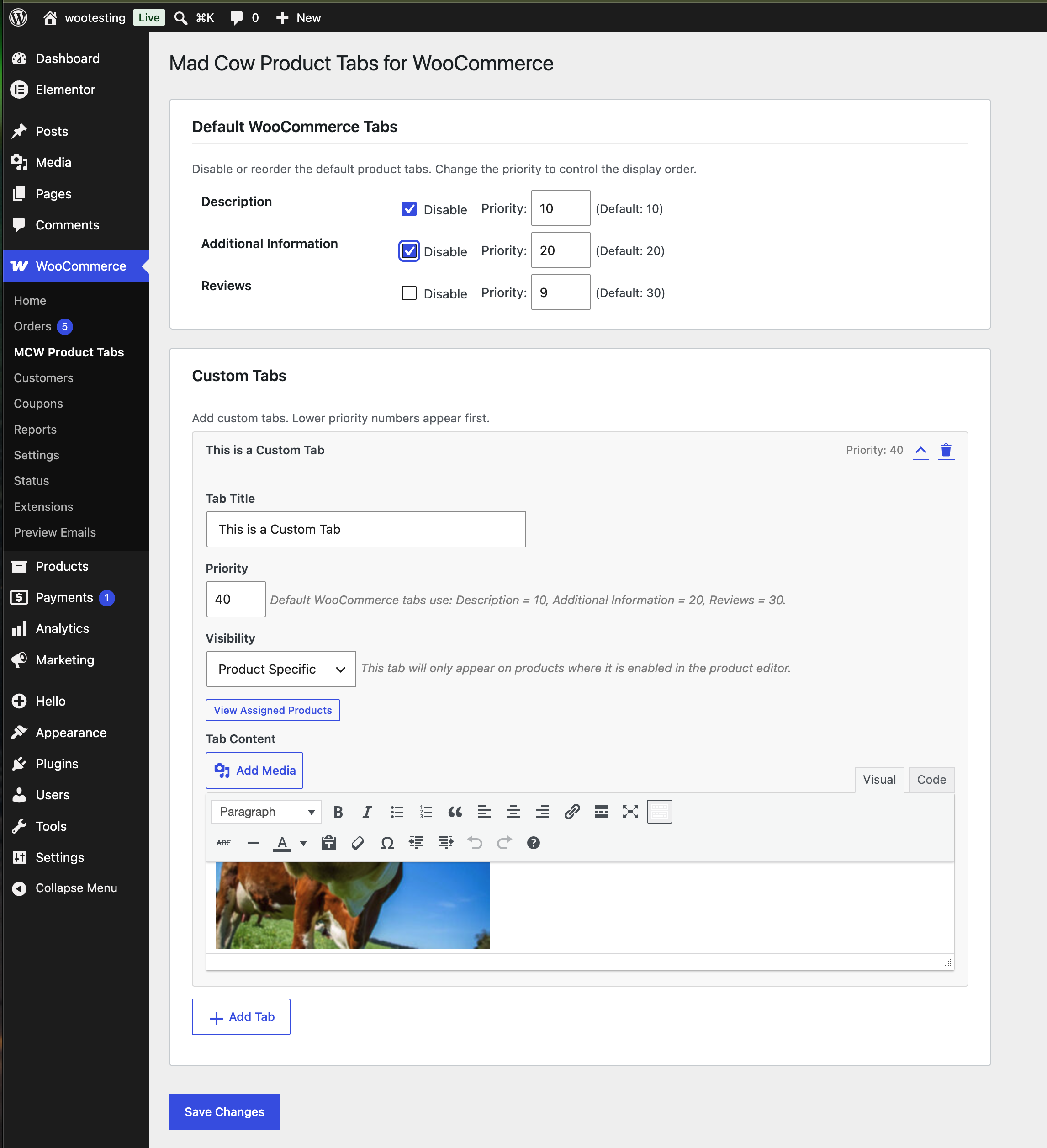 The settings screen: disable or reorder the default tabs, and add custom tabs with visibility targeting.