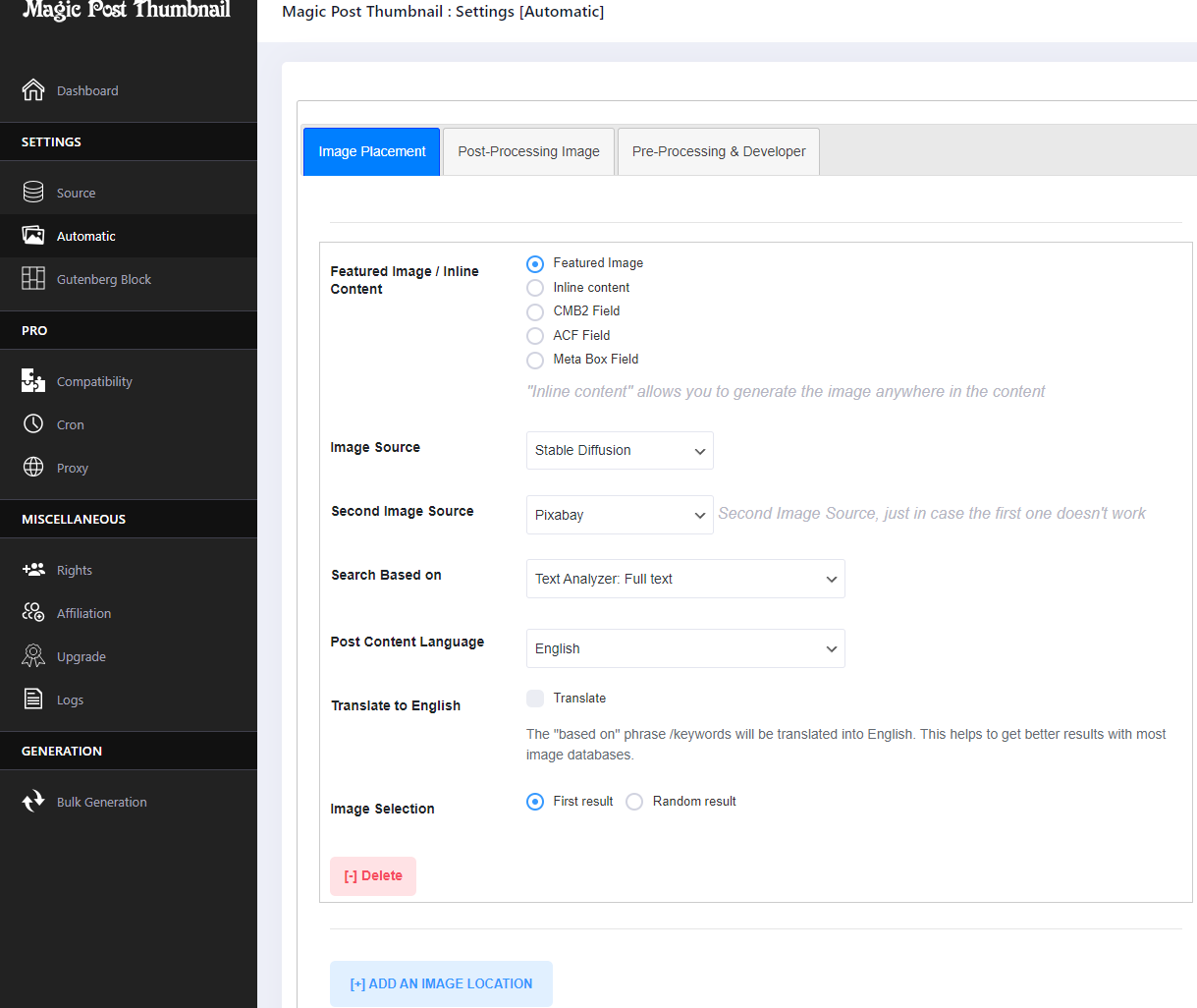 Magic post Thumbnail : Settings